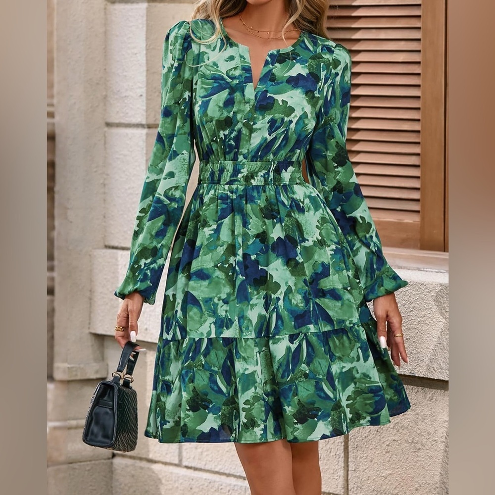 Floral Green and Blue Women's Dress - Picture 2 of 4